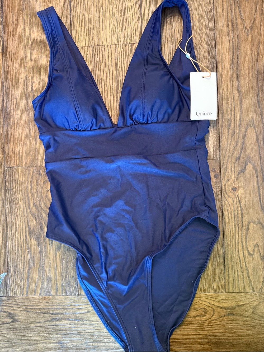 NWT Quince Navy Blue One Piece Swimsuit Deep V Sustainable Swim Small